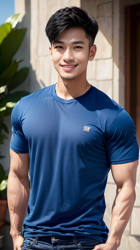 man , Blue t-shirt, jeans, black short hair , outdoor , cute smile , หน้าhandsomeแบบเกาหลีสมจริง , modest muscles , Masterpiece、High resolution、Surreal、detailed face、alone、man、Glowing skin、(Asia)、handsome、tall building background