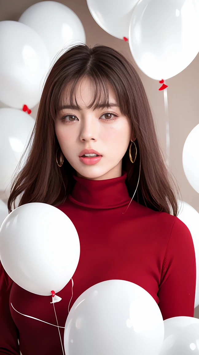 masterpiece, best quality, highly detailed background, perfect lightingbest quality,fashion portrait photo of beautiful young woman from the 60s wearing a red turtleneck standing in the middle of a ton of white balloons, taken on a hasselblad medium format camera