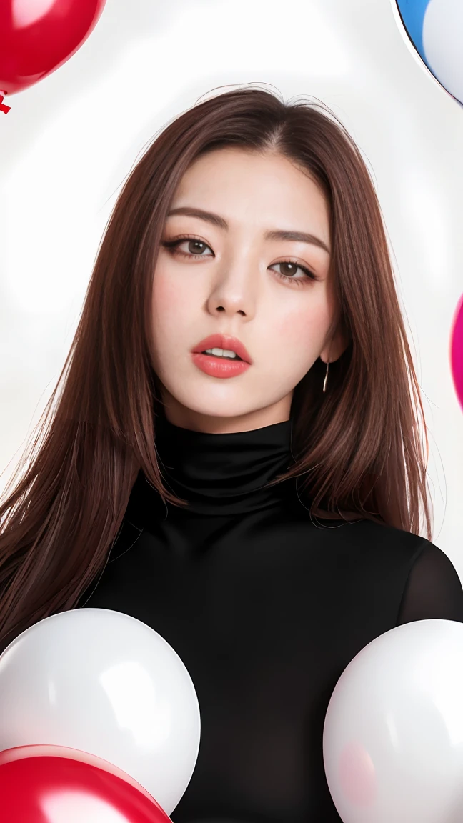 masterpiece, best quality, highly detailed background, perfect lightingbest quality,fashion portrait photo of beautiful young woman from the 60s wearing a red turtleneck standing in the middle of a ton of white balloons, taken on a hasselblad medium format camera