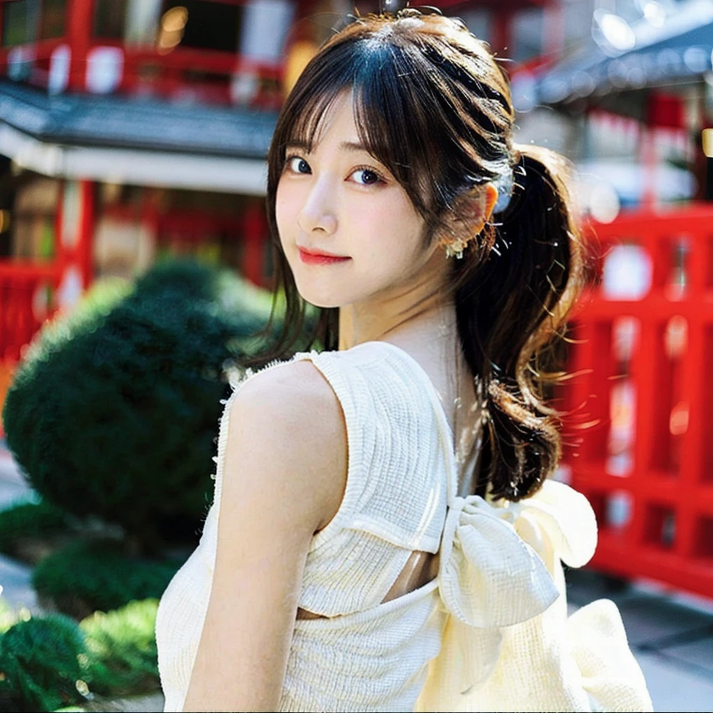 Japanese,Youthful, vibrant, elegant,upper body,Soft, natural lighting,Outdoor setting or studio with a natural backdrop,Bright and lively colors,focus on the hairstyle and facial features,Gentle and inviting expression,Contemporary fashion style,