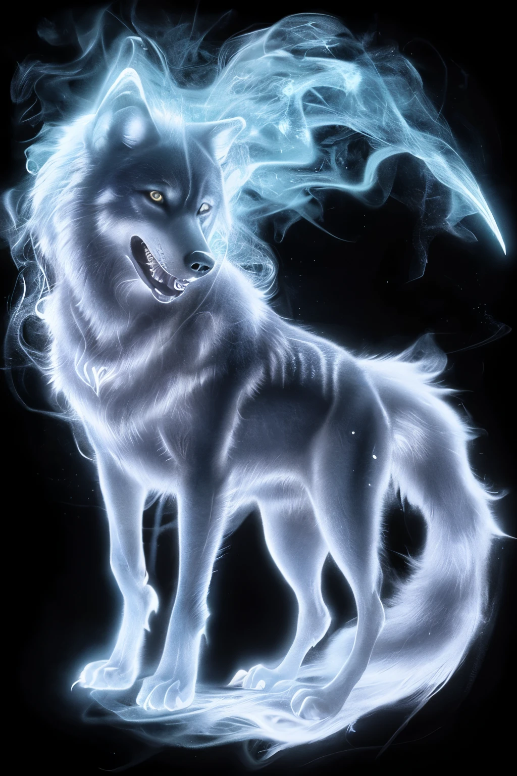 bioluminescent wolf made of orange|crimson|purple smoke dark blue|Lilac background