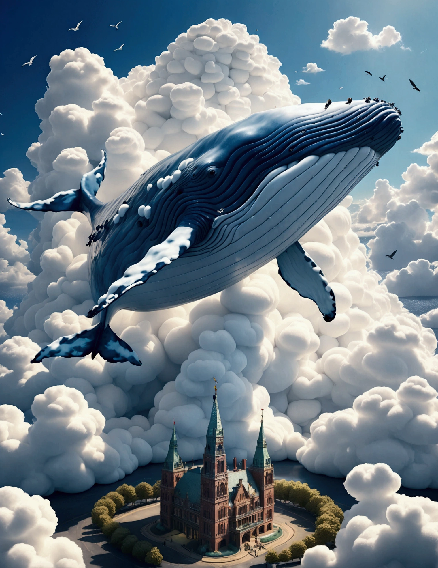 (((A colossal whale made of marshmallow-like white clouds))), (((whale's body entirely covered in fluffy white clouds))), (((soaring through the sky))), dreamy world, flying in the sky, iron towers on the ground, (bird's-eye view:1.3), (best quality, 8k, highres, masterpiece:1.2), ultra-detailed, (photo-realistic:1.4), sharp focus, vivid colors, ethereal atmosphere, soft lighting, magical, surreal