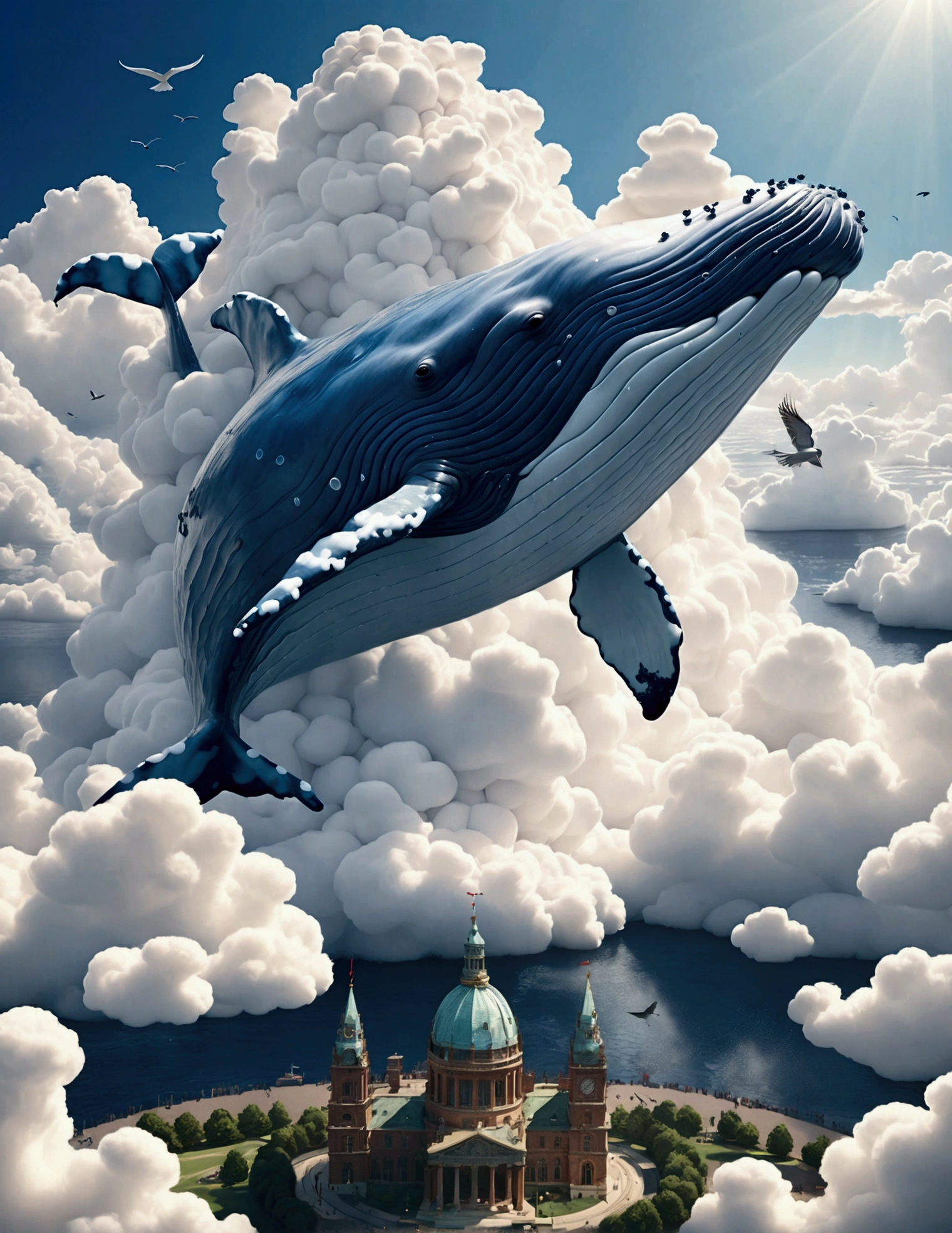 (((A colossal whale made of marshmallow-like white clouds))), (((whale's body entirely covered in fluffy white clouds))), (((soaring through the sky))), dreamy world, flying in the sky, iron towers on the ground, (bird's-eye view:1.3), (best quality, 8k, highres, masterpiece:1.2), ultra-detailed, (photo-realistic:1.4), sharp focus, vivid colors, ethereal atmosphere, soft lighting, magical, surreal