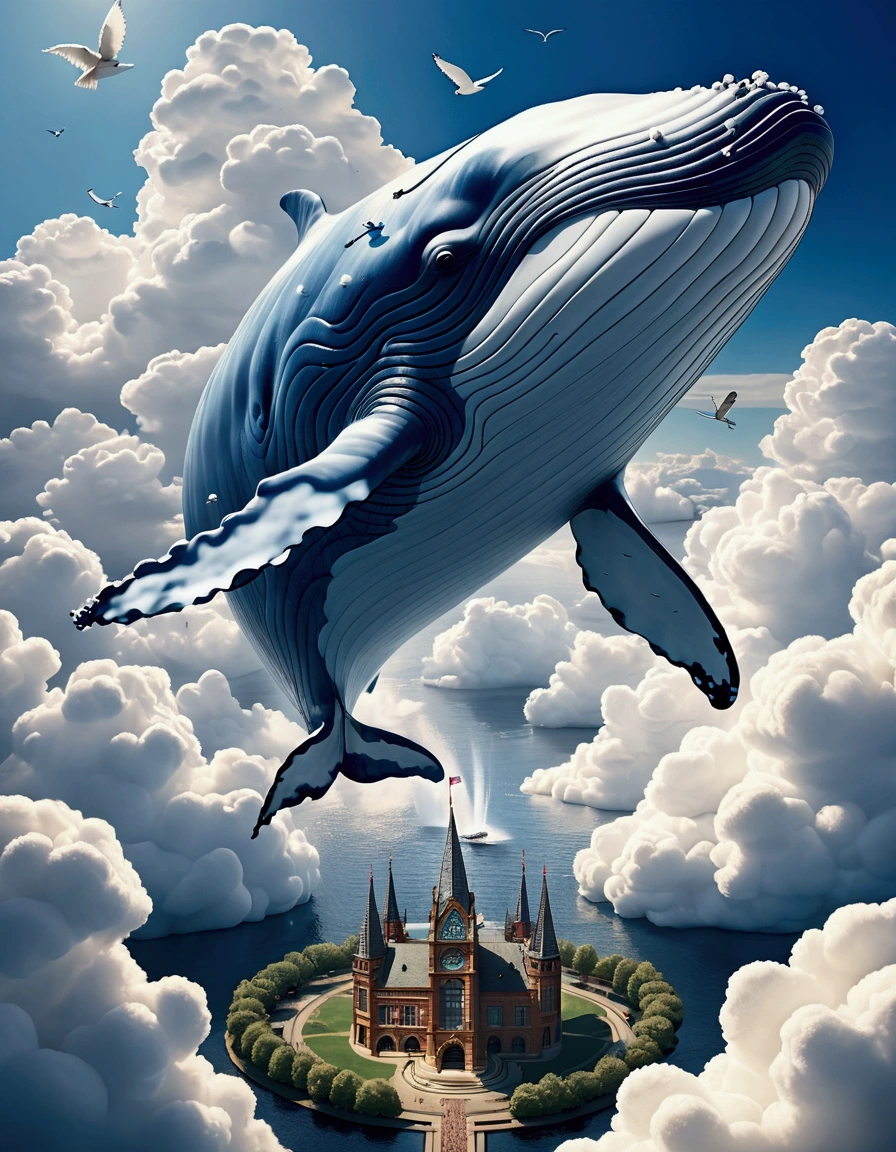 (((A colossal whale made of marshmallow-like white clouds))), (((whale's body entirely covered in fluffy white clouds))), (((soaring through the sky))), dreamy world, flying in the sky, iron towers on the ground, (bird's-eye view:1.3), (best quality, 8k, highres, masterpiece:1.2), ultra-detailed, (photo-realistic:1.4), sharp focus, vivid colors, ethereal atmosphere, soft lighting, magical, surreal