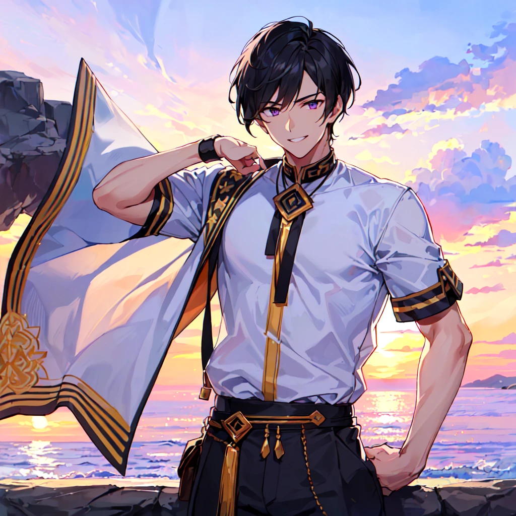masterpiece,best quality,high quality,(1 male austere handsome solo adult age 30 years old:1.5), purple eyes, cool with suspended eyes, V-shaped eyebrows, body strong and fearless 8.5 head tall, height 185cm, (well-groomed black short hair down to neck:1.4), (bangs 7 thirds parted: 1.4), slender nose, facial muscles, throat, (pants in Arabic summer fashion: 1.3), (stylish pose), (cool smile: 1.3), (background sea: 1.3), (sunset: 1.3), (upper body:1.3)