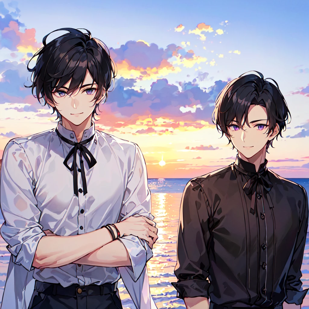 masterpiece,best quality,high quality,(1 male austere handsome solo adult age 30 years old:1.5), purple eyes, cool with suspended eyes, V-shaped eyebrows, body strong and fearless 8.5 head tall, height 185cm, (well-groomed black short hair down to neck:1.4), (bangs 7 thirds parted: 1.4), slender nose, facial muscles, throat, (pants in Arabic summer fashion: 1.3), (stylish pose), (cool smile: 1.3), (background sea: 1.3), (sunset: 1.3), (upper body:1.3)