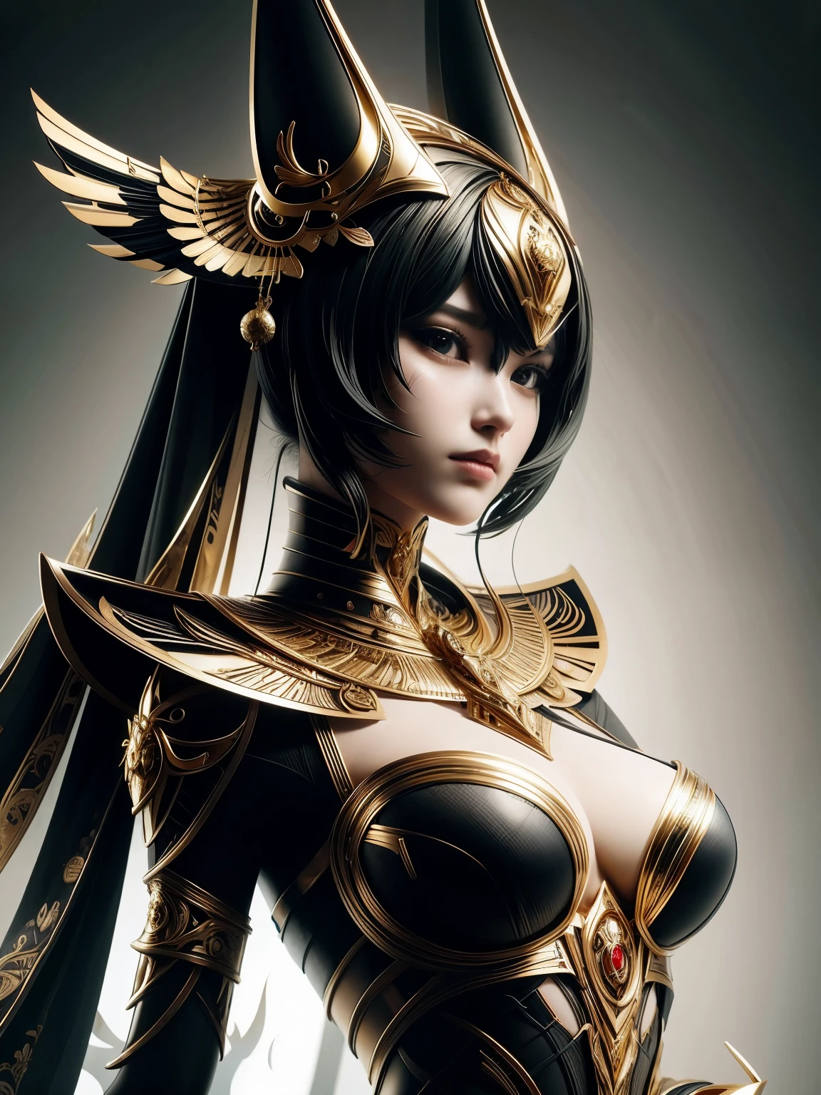 (high quality), (masterpiece), (detailed), 8K, Hyper-realistic illustration portrays (Japanese girl1.3) with delicate features, adorned in ornate (Anubis attire1.2), featuring intricate hieroglyphics and regal gold accents. Upper body focused, with (soft, warm lighting1.2) accentuating the subject's gentle expression. In style of Hajime Sorayama, trending on DeviantArt.