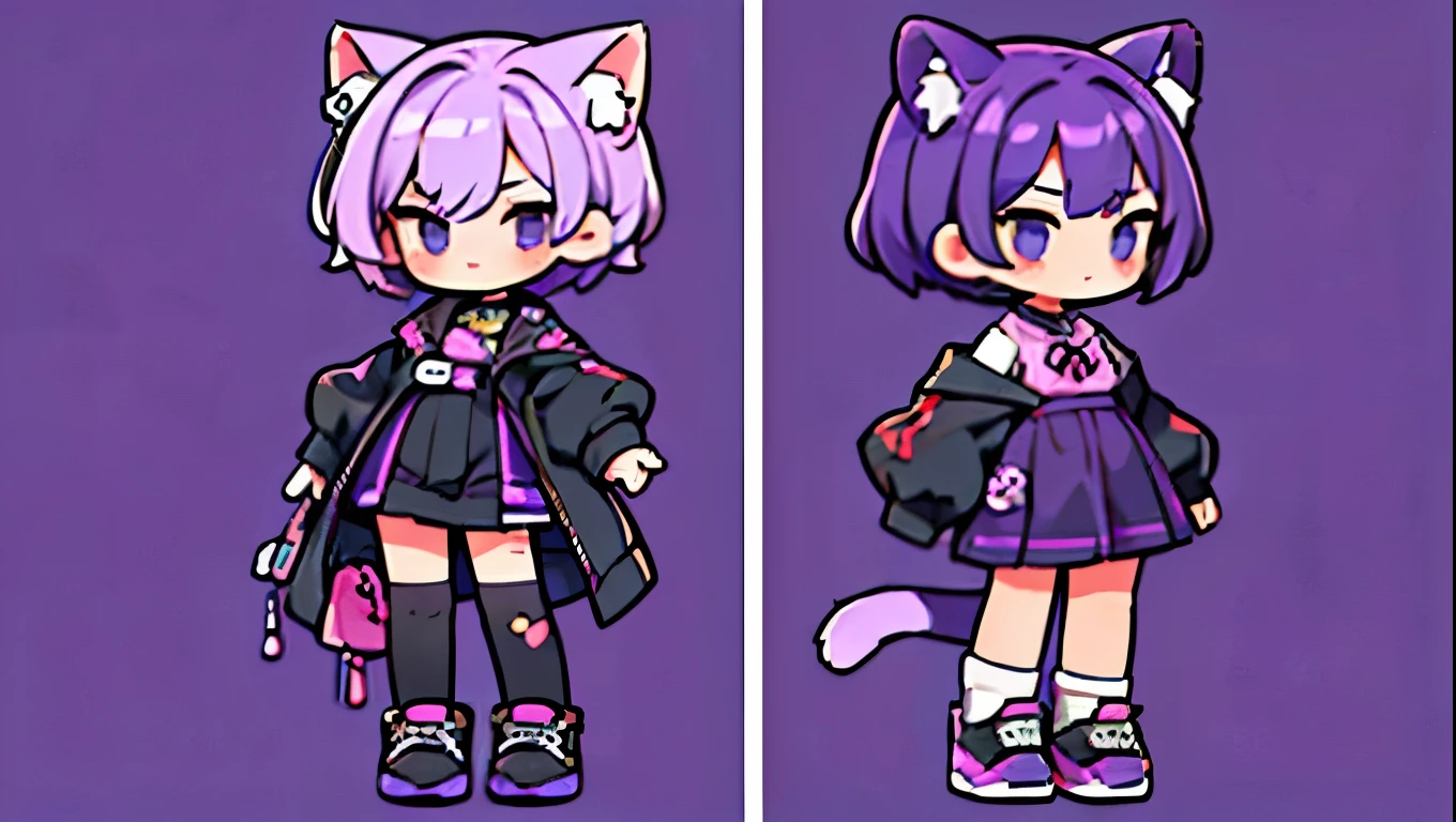 (Masterpiece,Highest quality),(Maximum details),2 girl(child,girl),purple short hair,black eyes,Wear a purple sweater,black skirt,full body image, กับ girl อยู่ ในชุดที่ต่างกัน,divided into two sides,Purple cat ears,purple cat tail,cat bell on neck