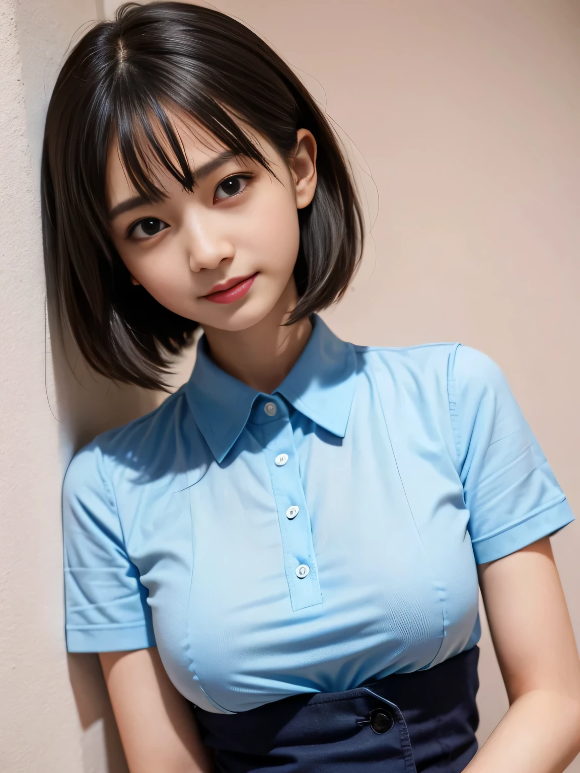 Highest quality、Figures、sexly、Slender、Navy blue open front polo shirt、sexly非常に詳細、Fine details、Slim Body、Slender、Japanese Girls、High resolution、8k、wallpaper、Perfect dynamic composition、Beautiful fine details、Short Bob Hair、Big natural color lip、大胆なsexlyポーズ、smile、Cold Stare、17-year-old girl、Cute、Lolita、Good eyesight、whole body、Pink Wall、smile、
