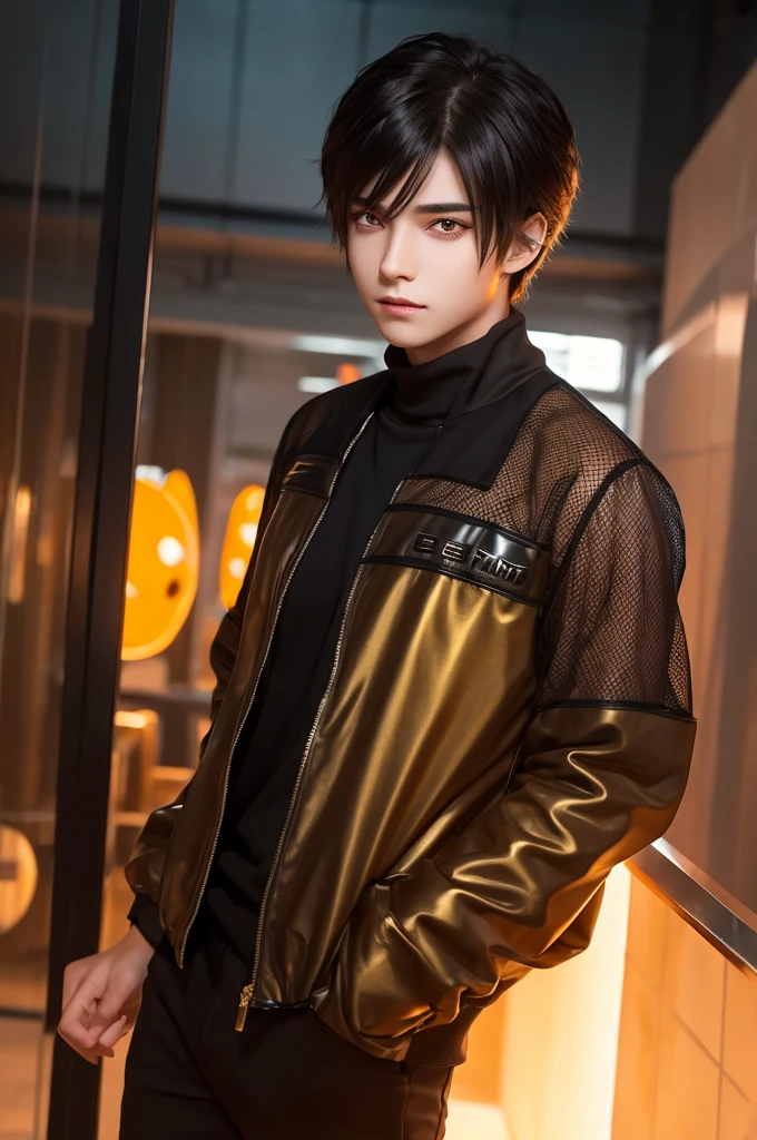 The protagonist of the story Cream hair with gold mesh Orange eyes express passion 17 year old male character