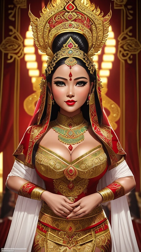 Create a striking and cinematic photo featuring a curvaceous Indonesian woman, 30 years old, tall sexy body, detailed eyes, clear eyes, voluptuous smile, perfect make-up, flushed face, red lips, shiny lips, perfect nose, (wearing an Ancient Indonesian Javanese royal costume: 1.4), wearing a diamond crown, Uses dramatic and moody lighting techniques to create an exciting atmosphere that emphasizes the intensity and power dynamics within the group. Capture the essence of their unity and dignity" sexy standing pose, curvy, inside the palace, ultra detailed, view from below