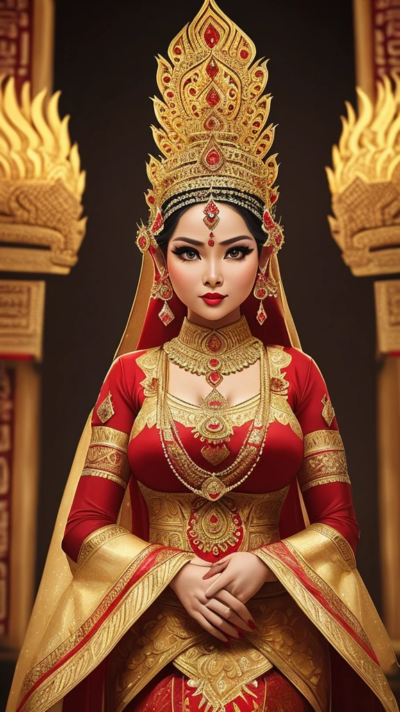 Create a striking and cinematic photo featuring a curvaceous Indonesian woman, 30 years old, tall sexy body, detailed eyes, clear eyes, voluptuous smile, perfect make-up, flushed face, red lips, shiny lips, perfect nose, (wearing an Ancient Indonesian Javanese royal costume: 1.4), wearing a diamond crown, Uses dramatic and moody lighting techniques to create an exciting atmosphere that emphasizes the intensity and power dynamics within the group. Capture the essence of their unity and dignity" sexy standing pose, curvy, inside the palace, ultra detailed, view from below