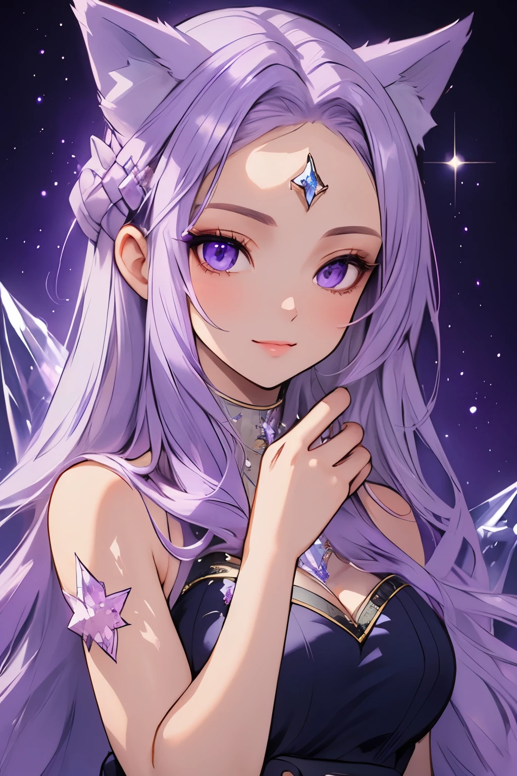 ((best quality)), ((masterpiece)), (detailed), detailed eyes, detailed hands, close up image of her face, female, light purple hair, light purple fox ears, detailed eight-pointed crystal star tattoo on her forehead, delicate and beautiful detailing, beautiful face, well-proportioned detailed purple eyes, round detailed purple eyes and makeup, beautiful detailed and clear purple eyes, volume smooth and sharp, best quality, very beautiful and meticulous eight-pointed crystal star tattoo on her forehead, delicate, MUST have an eight-pointed crystal star tattoo ON THE FOREHEAD, mouth closed smile, not fully smiling, gazing out in wonder, starry background