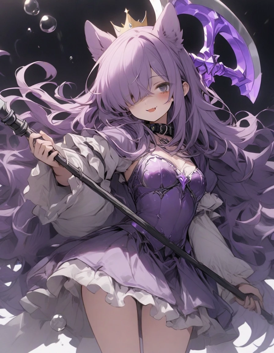 magical girl,frill,frilled sleeve,(1girl:1.5), {masterpiece), best quality, illustration,(purple long hair:1.3) , expressionless,chest,(purple hair:1.1),,,,bags_under_eyes, (hair over one eye:1.25),,, jimiko, long hair, big hair,(shaded face:1.1),wince, ,, darkness,(dog ears:1.1), chained collar,collar,smile,fang, ,knight armor,(crown:1.2),spiked armor,grey cloak,grey shirts,,,(purple armor:1.1),,,,,standing pose,1girl white background,(tachi-e:1.4),,(, full body, (facing front:1.3),(mini bubble skirt:1.1),zettai ryouiki,(holding axe:1.4),purple axe,