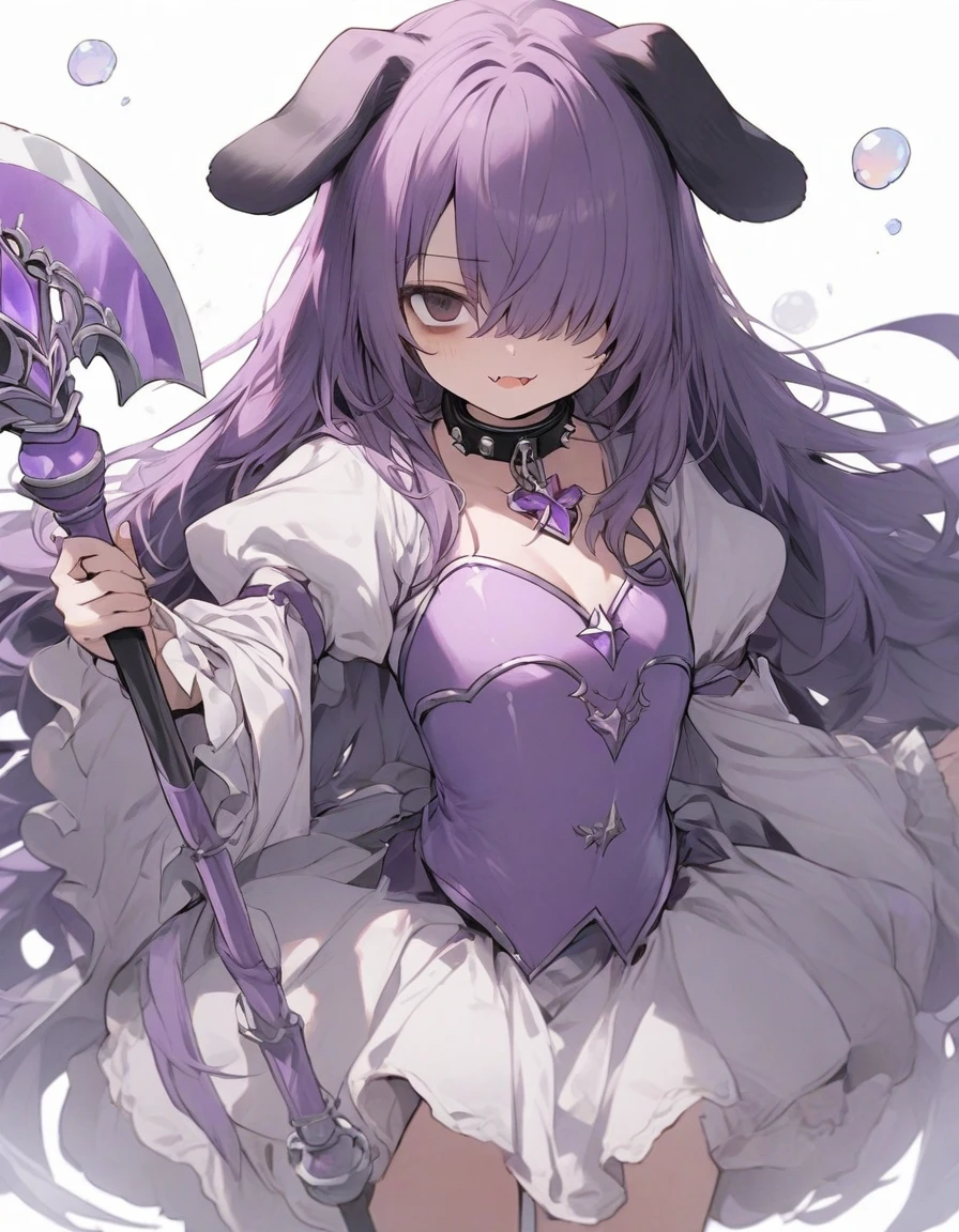 magical girl,frill,frilled sleeve,(1girl:1.5), {masterpiece), best quality, illustration,(purple long hair:1.3) , expressionless,chest,(purple hair:1.1),,,,bags_under_eyes, (hair over one eye:1.25),,, jimiko, long hair, big hair,(shaded face:1.1),wince, ,, darkness,(dog ears:1.1), chained collar,collar,smile,fang, ,knight armor,(crown:1.2),spiked armor,grey cloak,grey shirts,,,(purple armor:1.1),,,,,standing pose,1girl white background,(tachi-e:1.4),,(, full body, (facing front:1.3),(mini bubble skirt:1.1),zettai ryouiki,(holding axe:1.4),purple axe,