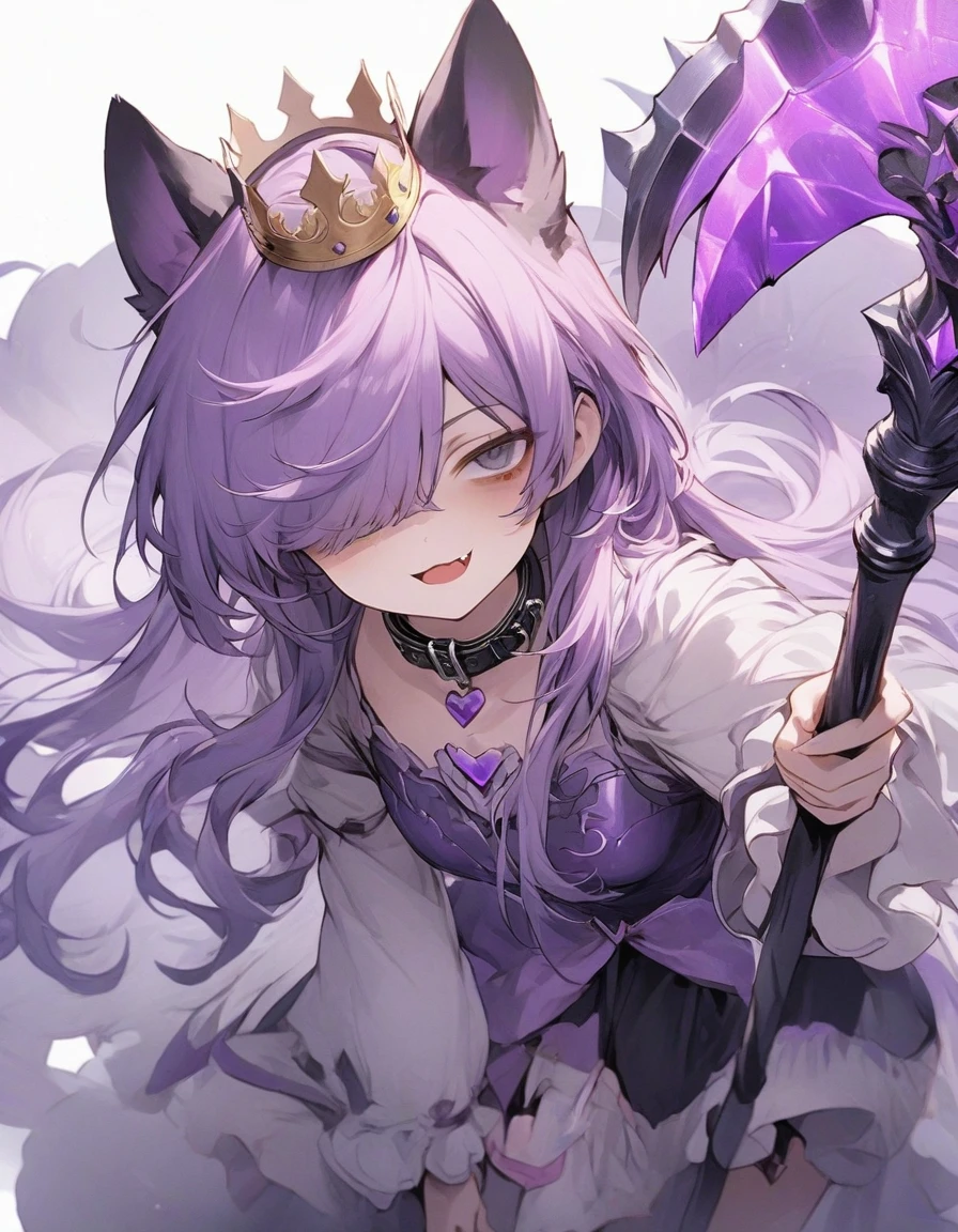 magical girl,frill,frilled sleeve,(1girl:1.5), {masterpiece), best quality, illustration,(purple long hair:1.3) , expressionless,chest,(purple hair:1.1),,,,bags_under_eyes, (hair over one eye:1.25),,, jimiko, long hair, big hair,(shaded face:1.1),wince, ,, darkness,(dog ears:1.1), chained collar,collar,smile,fang, ,knight armor,(crown:1.2),spiked armor,grey cloak,grey shirts,,,(purple armor:1.1),,,,,standing pose,1girl white background,(tachi-e:1.4),,(, full body, (facing front:1.3),(mini bubble skirt:1.1),zettai ryouiki,(holding axe:1.4),purple axe,