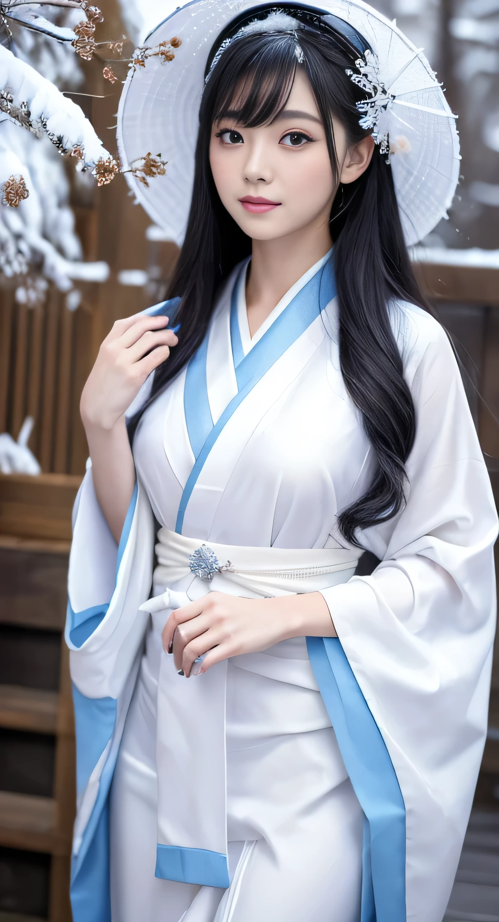 Create an ultra-realistic and captivating image of Kotone, a 21-year-old Japanese woman, dressed in a Yuki-onna (snow woman) cosplay. Kotone has extremely long, perfectly straight black hair that flows down to her waist, with blunt bangs that cover her forehead. Her eyes are large and enchanting, with double eyelids that give them a captivating and youthful appearance. Her face is delicate and innocent, with very thin eyebrows that frame her large, childlike eyes. Her skin is smooth and flawless, resembling snow in its pure white color. Kotone has a slender and well-proportioned body with a bust size of 95 cm, a cinched waist, slim thighs, and firm buttocks. Her complexion is flawless, without any wrinkles, and her natural makeup enhances her features subtly, maintaining a fresh and youthful look.

Yuki-onna Cosplay Details:
Kimono:

Kotone is wearing a beautifully adorned, fluffy white kimono that fits her slender frame perfectly. The kimono has an intricate snowflake pattern and a long, flowing hem that drapes elegantly.
The kimono's fabric has a slight shimmer, reminiscent of freshly fallen snow.
Obi:

She is wearing an elegant obi with an ice crystal design, slightly glowing with a magical blue light. The obi adds to her ethereal and mystical appearance.
Hair and Accessories:

Her long, black hair is styled to enhance the Yuki-onna look, with the ends shimmering like snowflakes. She might have delicate hairpins with snowflake designs to accentuate the theme.
A few strands of her hair are adorned with tiny, sparkling ice crystals, adding a touch of magic.
Makeup:

Kotone’s makeup is done to highlight her icy appearance, with a touch of shimmering blue eyeshadow and a light blush. Her lips are painted a soft pink, adding warmth to her cold, ethereal look.
Hands and Nails:

Her nails are slightly frosted, reflecting a soft light that adds to the Yuki-onna theme. Her hands are graceful, with delicate fingers that enhance her elegant appearance.
Feet and Footprints:
