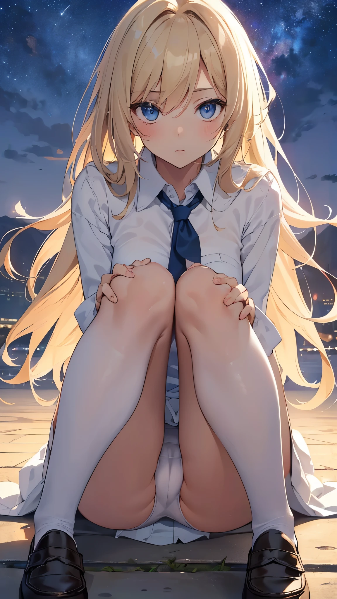 1 Female, cute, alone, School, blonde, Eyes: Dark blue eyes, sexy, (((Sit on the ground, Stand on your knees, Knees closed, Panties White panties))), Camel Toe, (From below:1.2), masterpiece, Fine details, Breathtaking works of art, high quality, 8k, Very detailed, High resolution, Wide night sky, loafers