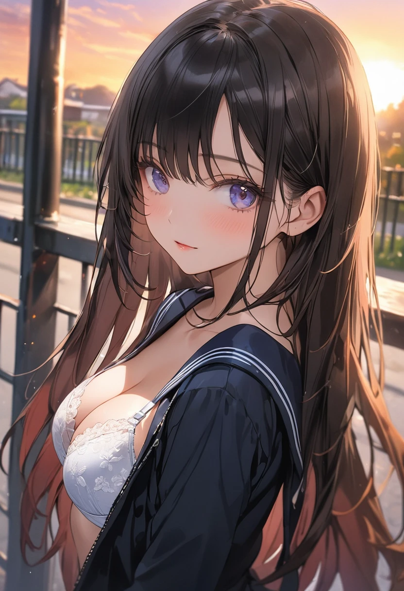 ((Highest quality))、((masterpiece))、(detailed)、((Anatomically correct))、(High resolution、8K)、One Woman、aldult、adult、look at me、Turn your body forward、(Ultra-glossy skin with attention to detail:1.1)、Glowing Skin、bangs、Long Hair、Straight Hair、Black Hair、Hair fluttering in the wind、(Beautiful Eyes:1.1)、Slender、Open sailor suit、、(White lace bra:1.2)、F Cup、Cleavage、Close up of cleavage、School、school gate、evening、Beautiful sunset