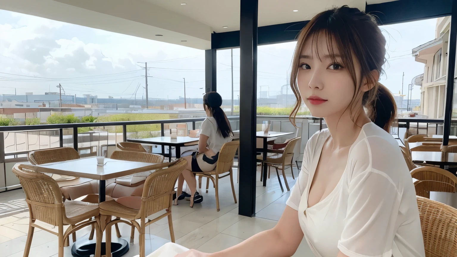 super high quality, Fashion Model, Slenderのネックレス, Slender, The staff is working at the counter in the back., (8k、RAW Photos、Highest quality、masterpiece:1.2), Stylish café, Fashion magazine photoshoot, (Realistic、Photorealistic:1.37), Beautiful Face , Mesh Hair, Urban Cafe, Golden Ratio, Raw photo, Small breasts, Bright cafe interior, Blurred Background, Summer clothes, Beauty, Cafe Terrace, Open Cafe, Photographed inside the cafe, 20-year-old, Hair blowing in the wind, Neat clothes, ponytail, Cool older sister, Stylish clothes,