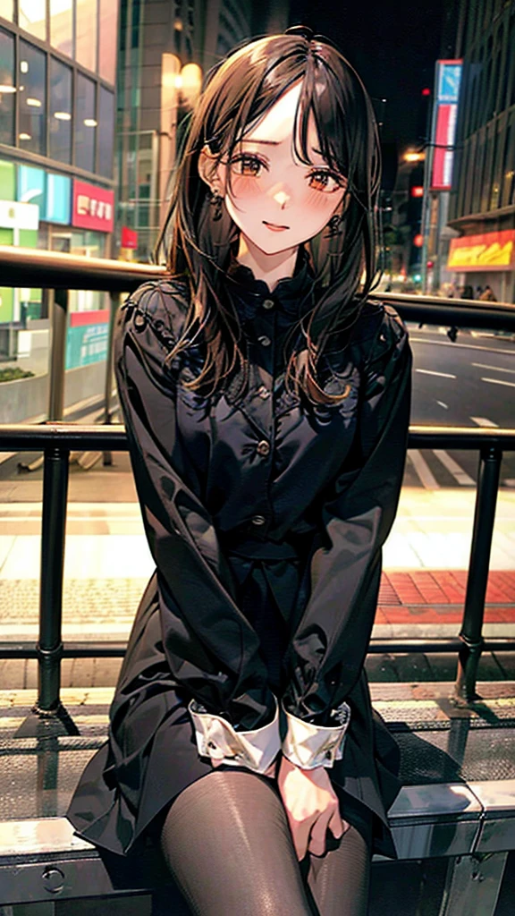 Photo from below,Masterpiece,quality,High resolution,高quality,Realistic,Long Hair,pantyhose:1.5,Button-down shirt,Black jacket,5,Earrings,Earrings,Leaning against the guardrail,Spread your legs:1.5,Embarrassed face,Skyscrapers in the background,crowd:1.5,Fair skin,night, roadside,Forehead,blush