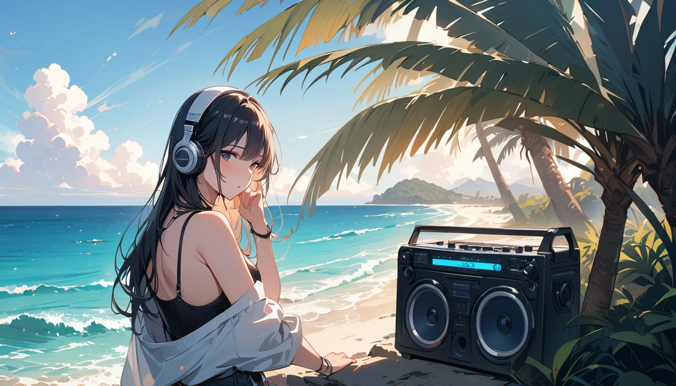 (masterpiece, Highest quality:1.2), 1 Girl, alone,Eyes open,Tropical atmosphere,Ocean,listening to music on a boombox