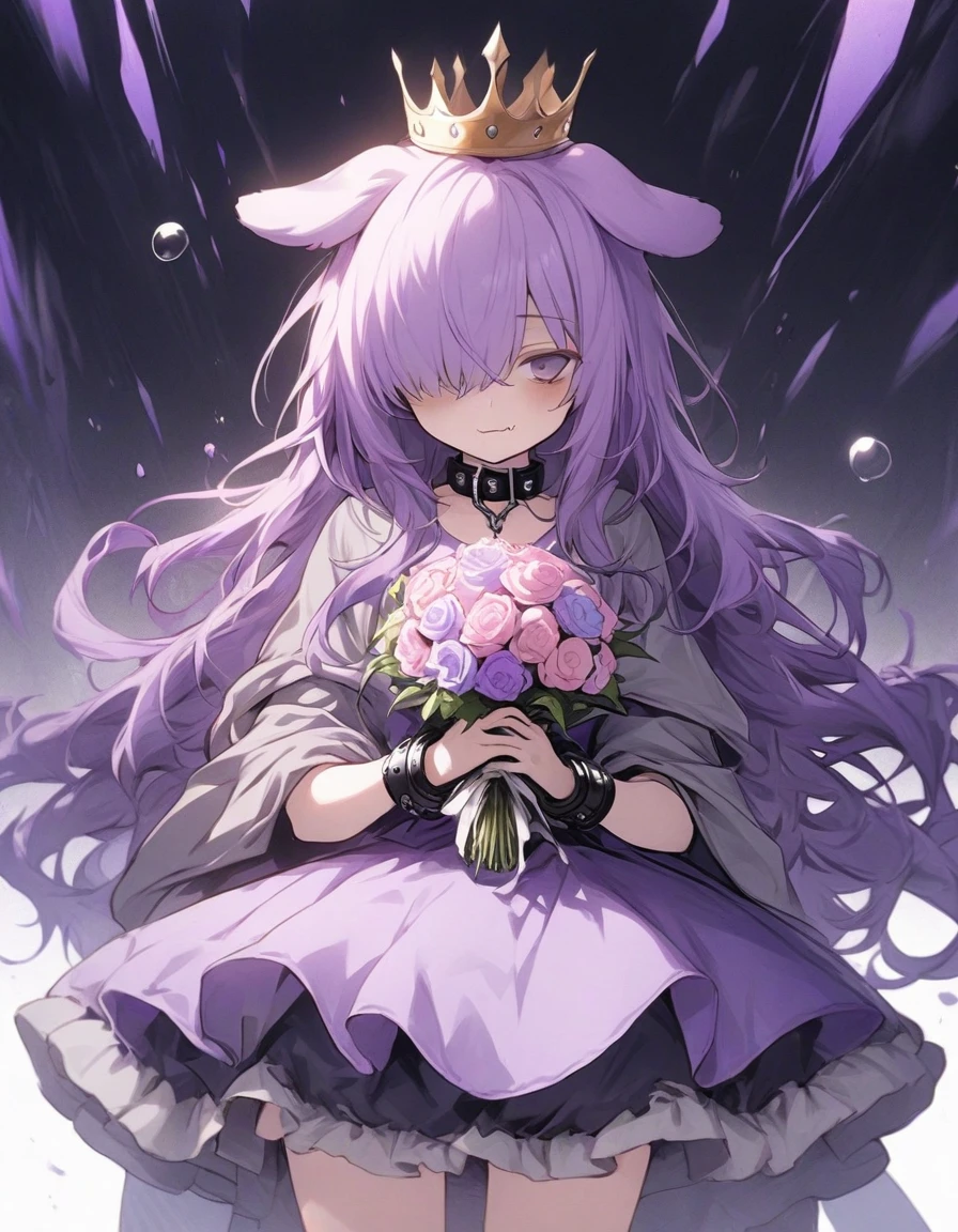 agical girl,frill,frilled sleeve,(1girl:1.5), {masterpiece), best quality, illustration,(purple long hair:1.3) , expressionless,chest,(purple hair:1.1),,,,bags_under_eyes, (hair over one eye:1.25),,, jimiko, long hair, big hair,(shaded face:1.1),wince, ,, darkness,(dog ears:1.1), chained collar,collar,smile,fang, ,knight armor,(crown:1.2),spiked armor,grey cloak,grey shirts,,,(purple armor:1.1),,,,,standing pose,1girl white background,(tachi-e:1.4),,(, full body, (facing front:1.3),(mini bubble skirt:1.1),zettai ryouiki,cute dress,(holding bouquet:1.25)、,,Flower bouquet,、