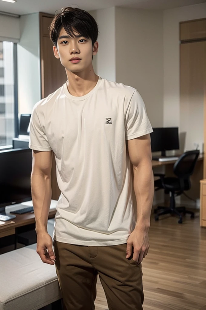 A young Asian man stands, handsome, muscular, looking at the camera. In a plain brown t-shirt, In the computer room