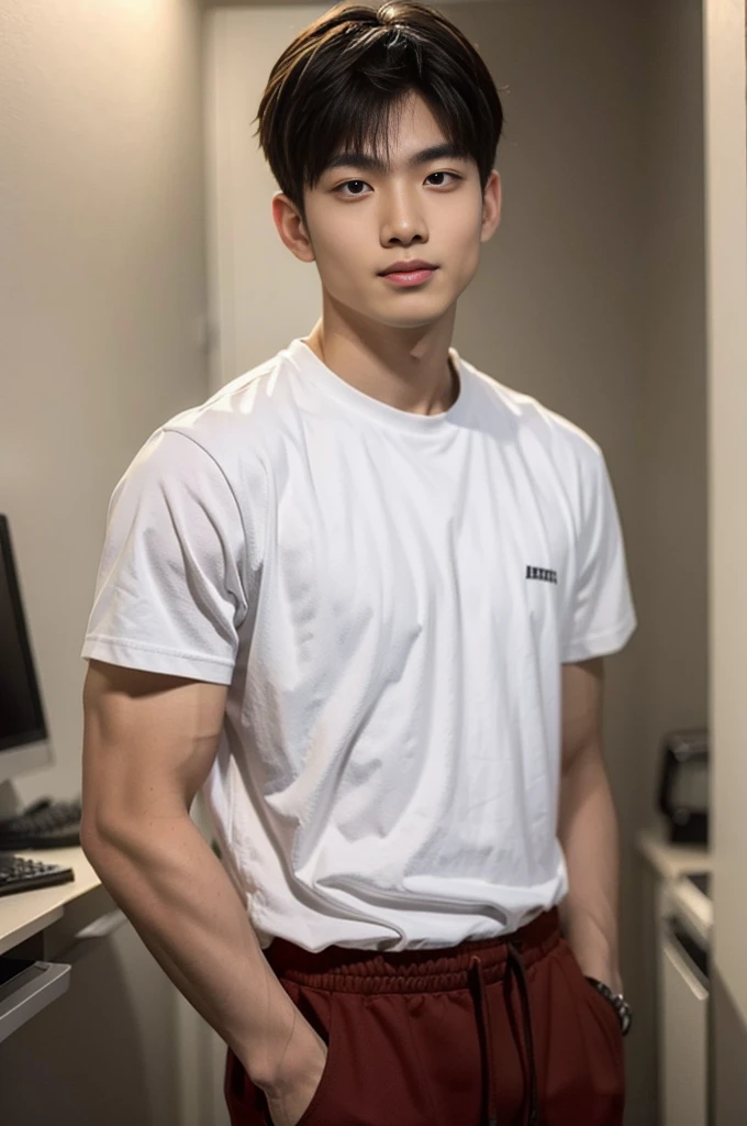 A young Asian man stands, handsome, muscular, looking at the camera. In a plain brown t-shirt, In the computer room