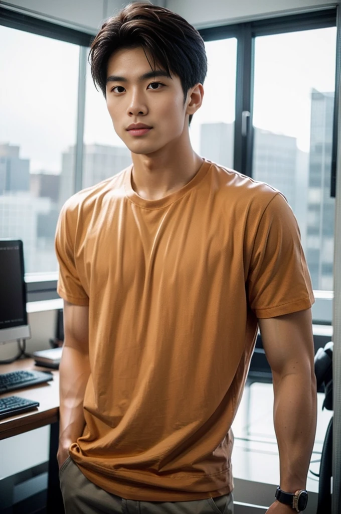 A young Asian man stands, handsome, muscular, looking at the camera. In a plain brown t-shirt, In the computer room