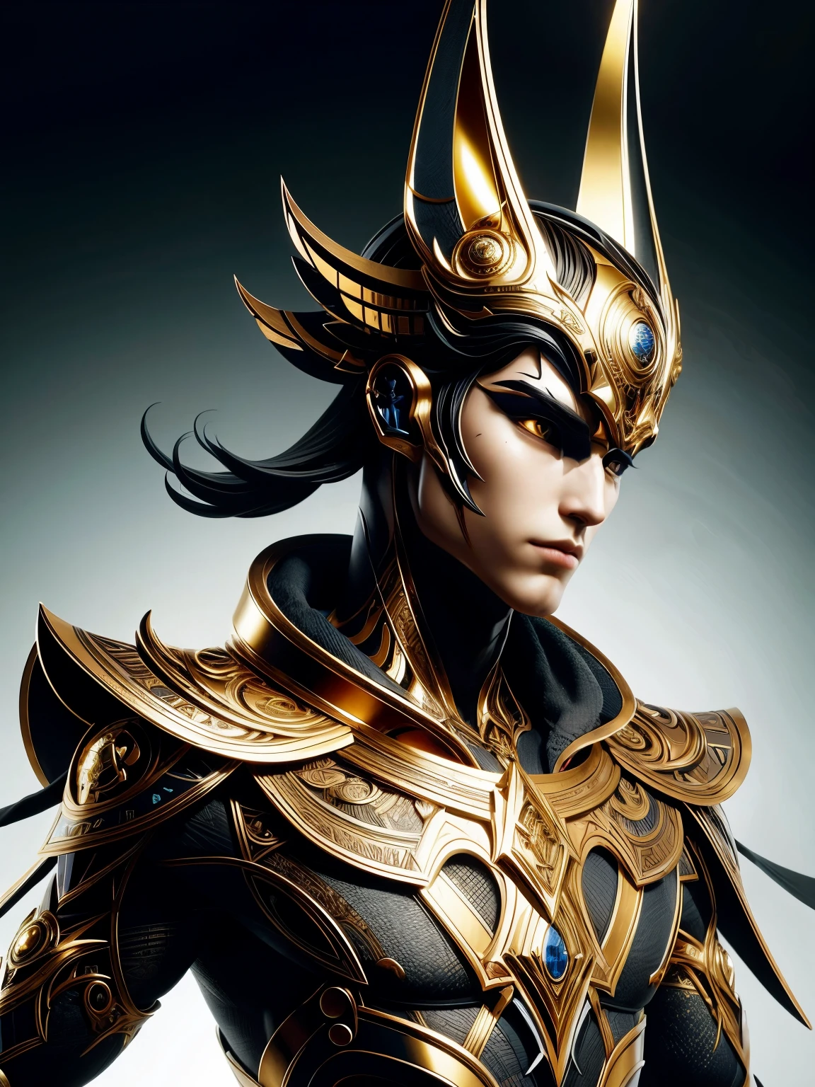 (high quality), (masterpiece), (detailed), 8K, Hyper-realistic illustration depicts (Japanese boy1.3) with striking features, dressed in intricately designed (Anubis attire1.2), showcasing ornate gold accents and mystical symbols. Upper body focused, with (dramatic lighting1.2) emphasizing the subject's intense gaze. In style of Takashi Murakami, trending on Artstation.