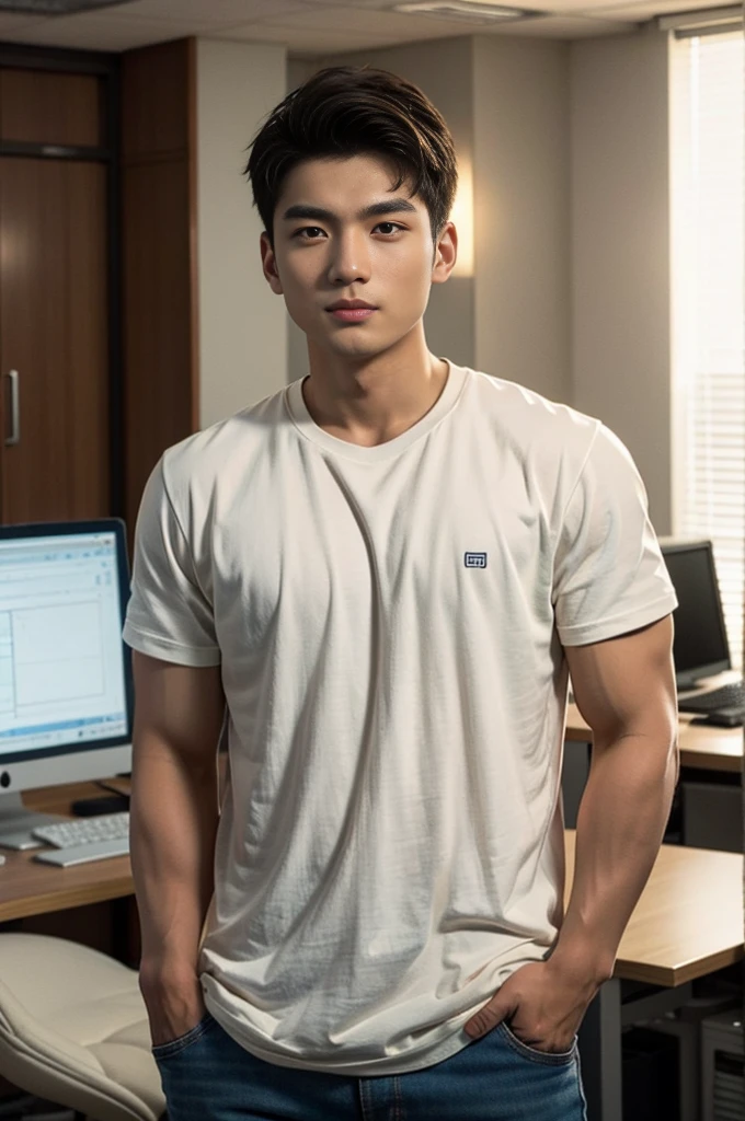 A young Asian man stands, handsome, muscular, looking at the camera. In a simple navy blue T-shirt., In the computer room