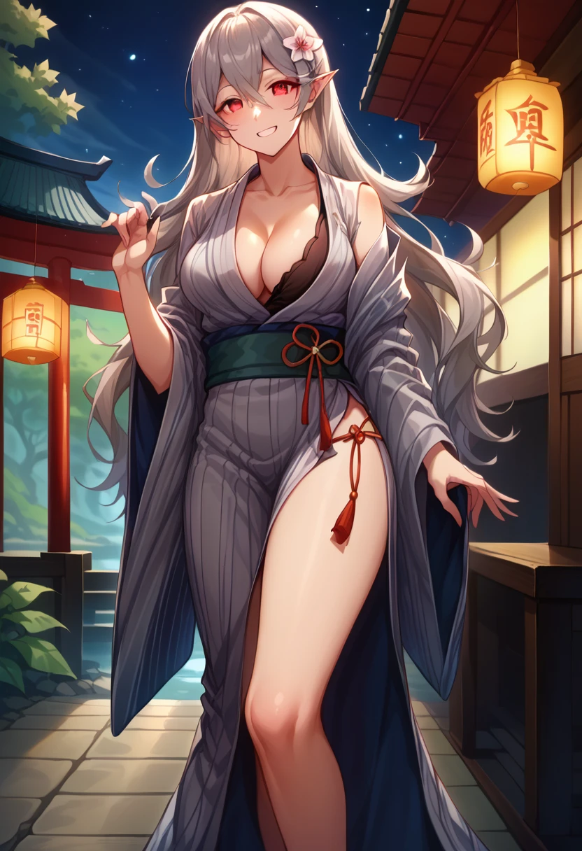 One Demon Girl, looks at the camera, Portrait of a girl, Beautiful waist, night, ancient japan, very sexy, In the bath, grin, fangs, mouth open, fangs, smile, White hair, erotica, very sexy, beautiful body is completely visible, masterpiece, Best quality, full length (Full body 1.1.), Beautiful waist, good feet, high quality, long hair, White hair с зелеными кончиками. Highly detailed face, depth of field, HDR, very detailed, ray tracing, whole body, dark fantasy, Demon&#39;s tattoo, very beautiful, Beautiful ., 1 girl, solo, I look at the viewer, black hair, hair ornament, jewelry, closed mouth, green eyes, yellow eyes, japanese clothes, kimono, draw up, pomade, slit pupils, Brilliant eyes, wicked, Red lips, hair stick