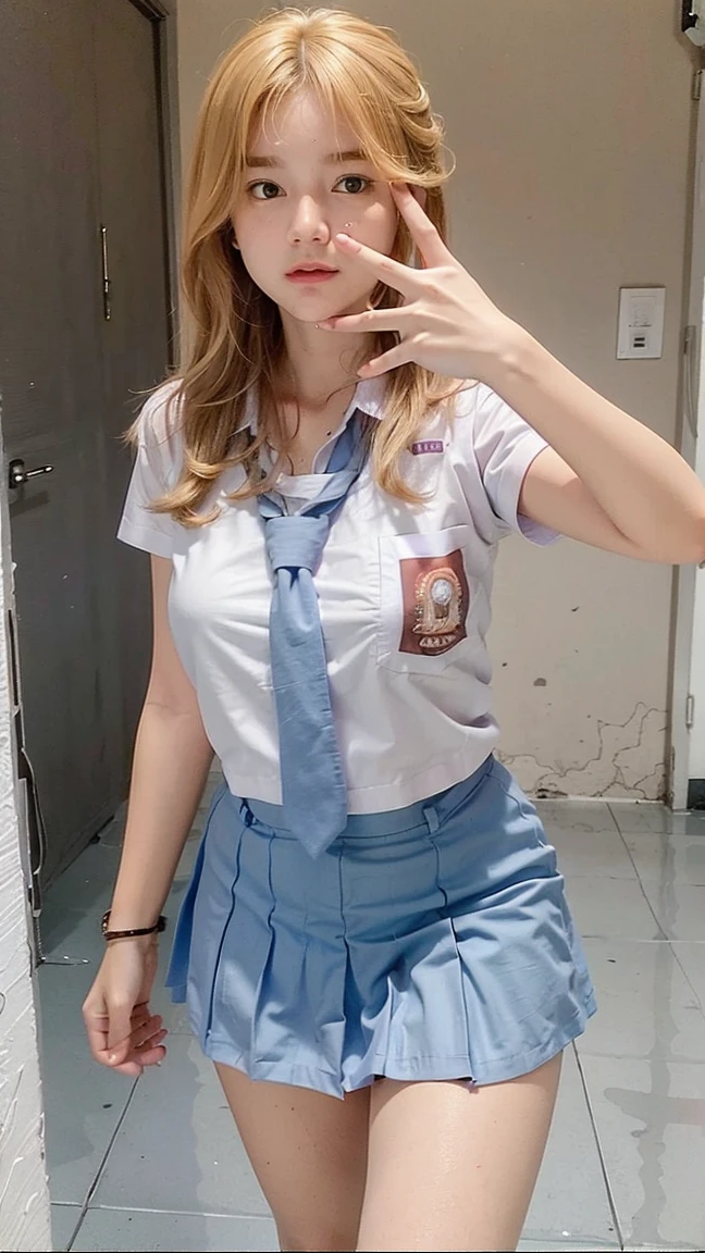 Masterpiece , Beautiful 18 Years Old , Gigantic Large Breast , Cleavage , Sleeveless , ((Wearing High School Uniform)) , High School Skirt , White Sneakers , In Classroom , Take Selfie , ((Centre:1.1)), ((Symetric Picture:1.1)) , ((Blonde Hair:1.1)) , Extremely Detailed , Messy Hair, NSFW, hot, pink pussy, ((senior high school clothes))