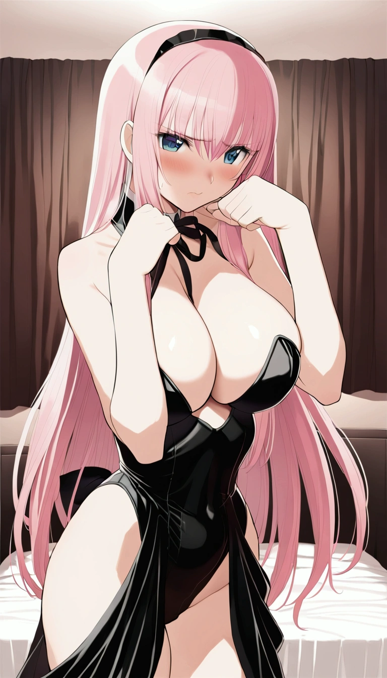 Masterpiece,Beautiful adult woman ,Megurine Luka,Big Breasts,Bunny girl,Black costume,Pink long hair,blue eyes,Embarrassed expression,blush,Sexy々A pose,Bedroom,Complete human body