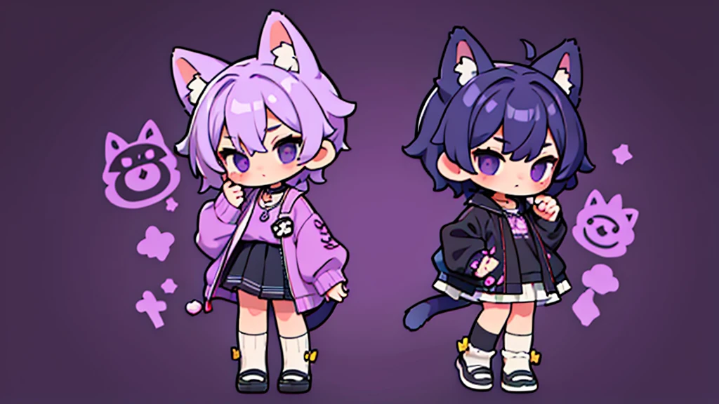 (Masterpiece,Highest quality),(Maximum details),2 Young(child,boy),purple short hair,black eyes,Wear a purple sweater,black skirt,full body image, กับ สาว อยู่ ในชุดที่ต่างกัน,divided into two sides,Purple cat ears,purple cat tail,cat bell on neck