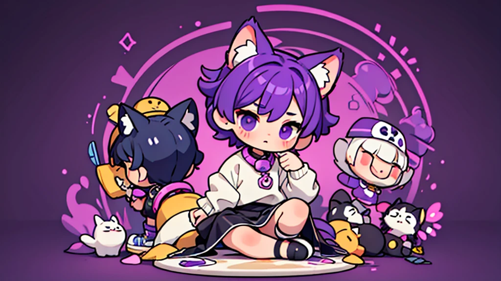 (Masterpiece,Highest quality),(Maximum details),2 Young(child,boy),purple short hair,black eyes,Wear a purple sweater,black skirt,full body image, กับ สาว อยู่ ในชุดที่ต่างกัน,divided into two sides,Purple cat ears,purple cat tail,cat bell on neck 