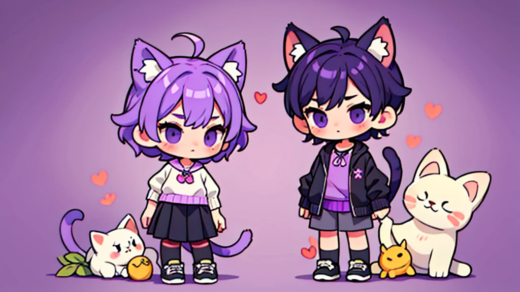 (Masterpiece,Highest quality),(Maximum details),2 Young(child,boy),purple short hair,black eyes,Wear a purple sweater,black skirt,full body image, กับ สาว อยู่ ในชุดที่ต่างกัน,divided into two sides,Purple cat ears,purple cat tail,cat bell on neck