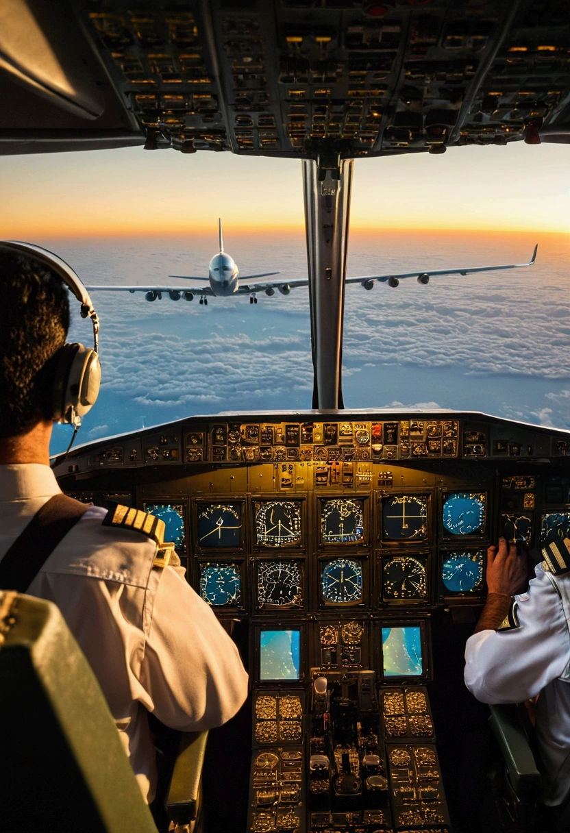 A captivating view from the cockpit of a soaring Boeing 707, with two focused Iranian pilots gazing out the right window. The scene is shot from behind, offering a thrilling perspective of the plane's instrument panel and control systems. The plane is cruising high above the earth, with a backdrop of the sun setting over the horizon, casting a warm, golden glow on the interior.