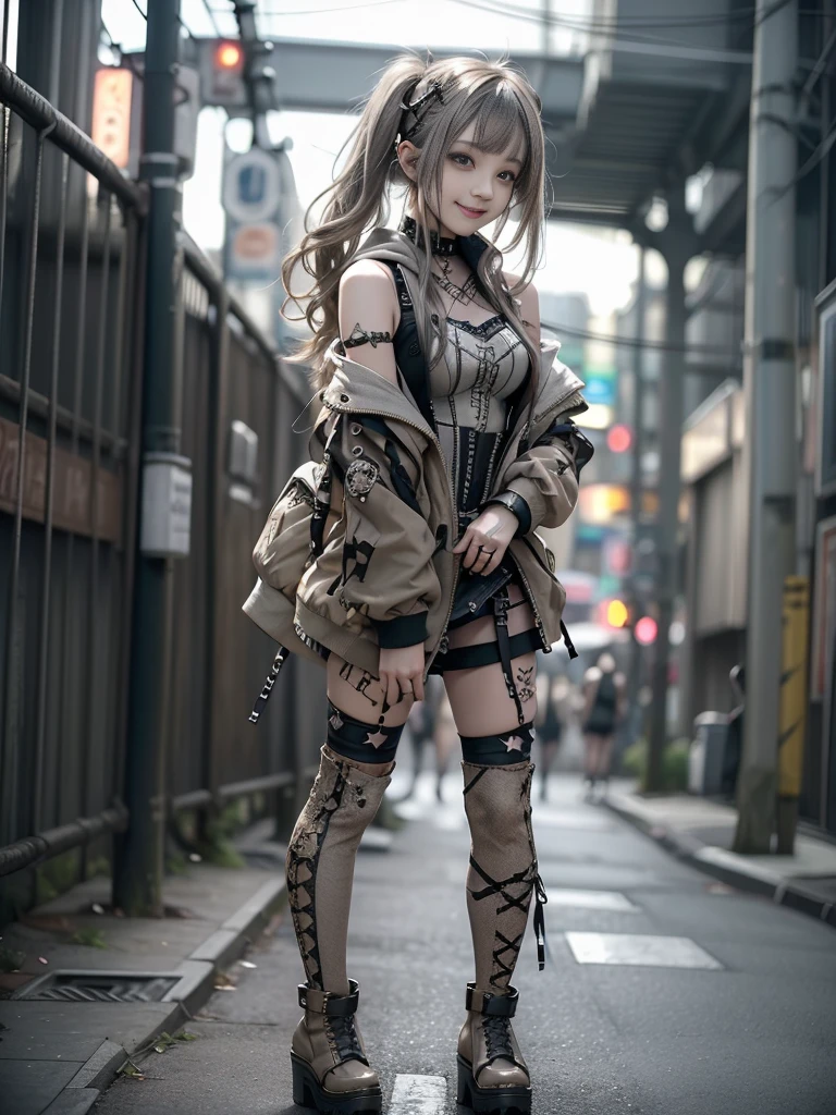 (Side view:1.1)、(Smiling with teeth showing:1.3),(Shibuya Gal:1.5)、(Beautiful:1.5)、(Neo-goth fashion:1.5)、(Punk RockVisual Kei:1.5)、(An off-the-shoulder hoodie in khaki and brown with delicate silver accessories.:1.5)、(A corset with a delicate beige and brown design:1.4)、(Dark grey, khaki and brown snakeskin bodysuit:1.5)、(Snake print headband:1.3)、(Beige and charcoal knee socks:1.4)、Embellished collar and long boots、(I&#39;m selling snake print underwear.:1.4)、(Long eyelashes:1.3)、(20-year-old)、((Highest quality、8k、masterpiece:1.3))、1 Female、Slim and beautiful abs:1.3、(hairstyle casual、Beautiful boobs:1.1)、(Doing an aerobics pose:1.3)、dress:1.1、Super small face、Narrow eyes、double eyelid、A sloppy smile、Esbian all over body、Dynamic Angle、Close-up、CPL Filter、Blurred Background、Bokeh、Blue Hour、Detailed face and skin texture、Detailed eyes、,(Twin tails:1.3)、(Black brown hair:1.3)、Gravure idol、(The background is a glamorous dance hall:1.3)、(Make your legs thinner:1.4)、(Slim Body:1.3)、(clavicle:1.1)
