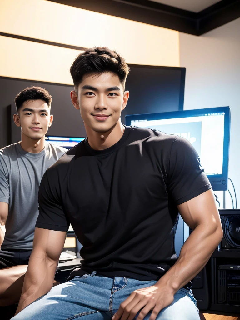 man , Brown t-shirt, jeans, black short hair , outdoor , cute smile , หน้าhandsomeแบบเกาหลีสมจริง , modest muscles , Masterpiece、High resolution、Surreal、detailed face、alone、man、Glowing skin、(Asia)、handsome、(Sitting in the computer room:1.5)