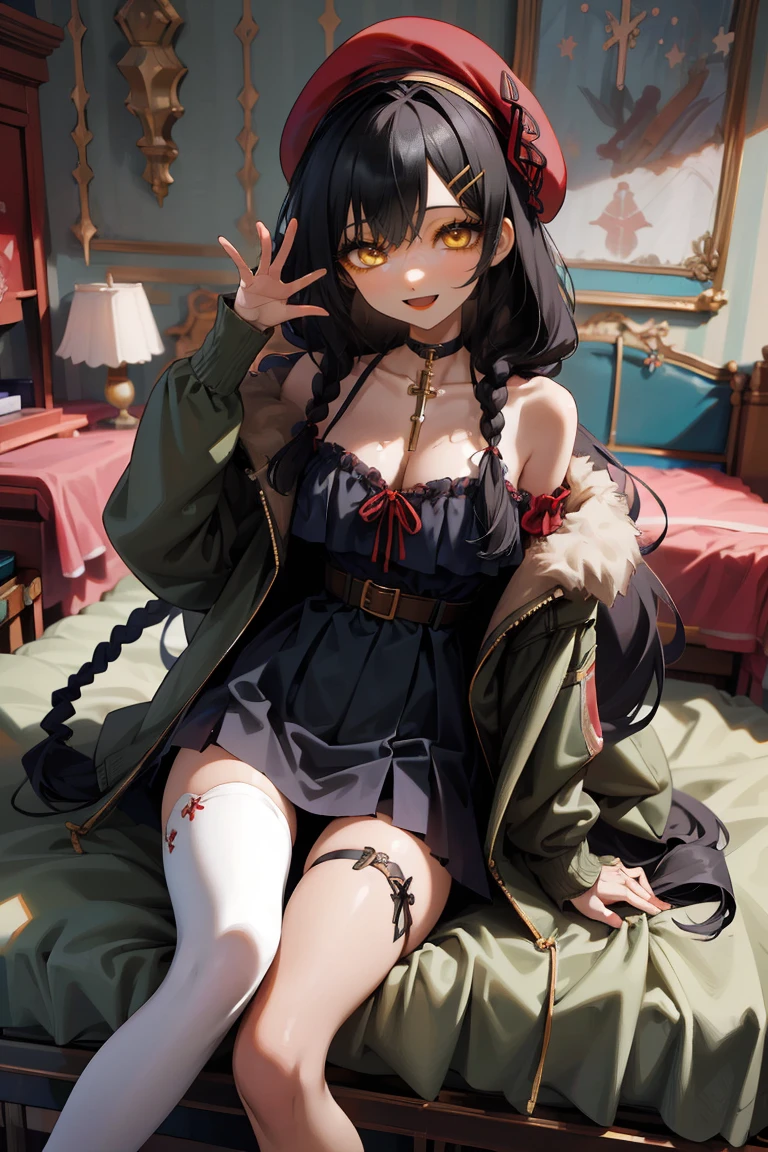 (masterpiece:1.2), (high quality:1.2), girls with((1girl, solo, black hair, yellow eyes, smiling, (wavy long hair, wearing a red beret, hairclips, braids:1.45), bare shoulder, blush, breasts, choker, cleavage, coat, cowboy shot, navy lace dress, camisole, ribbon waist belt, black ribbon belt, red bow, red ribbon, neck ribbon, collar, collarbone, rosary, rosary choker, cross, fur, fur trim, parka, khaki hoodie, green hoodie, khaki jacket, hood down, hooded coat, hooded jacket, hoodie, jacket, large breasts, long sleeves, medium breasts, open clothes, open coat,open hoodie, sleeveless, winter clothes, zipper, cleavage, upper body, hand up, waving, palm, white thighhighs, single thighhigh, exposed legs, exposed foots, left thighhigh, solo, legs, high heels, sittings)), background with((bedroom, room:2.0))