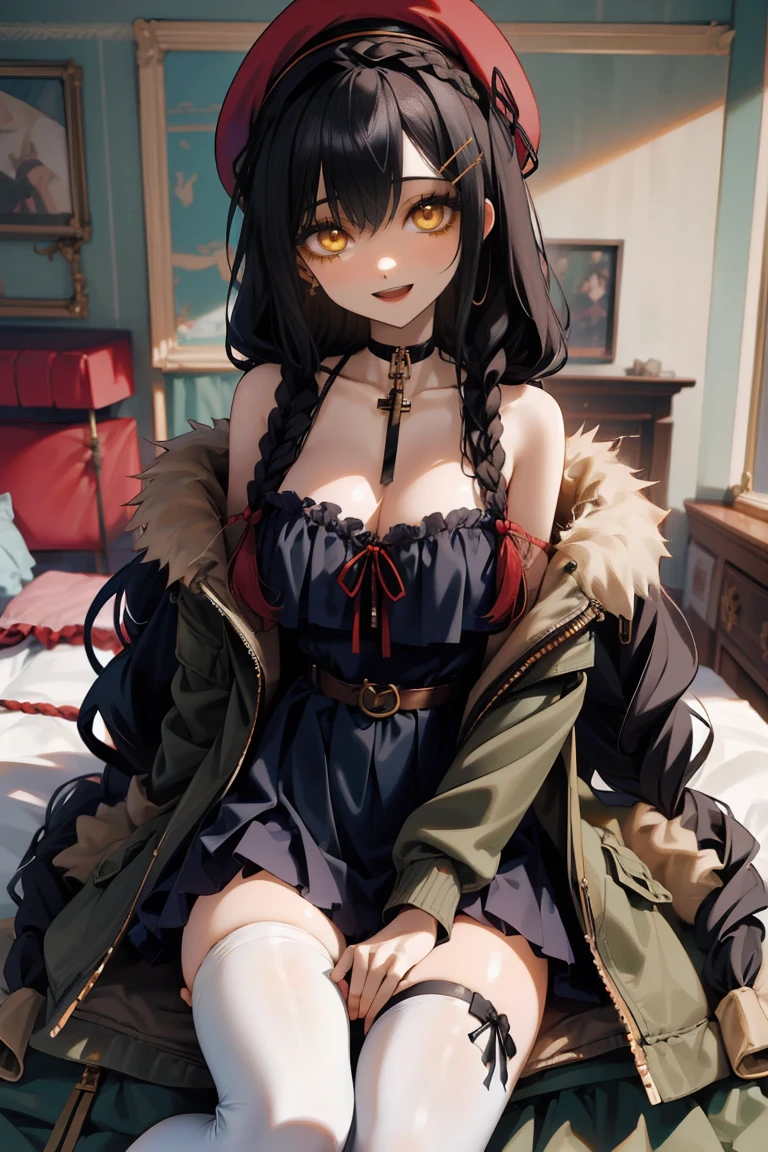 (masterpiece:1.2), (high quality:1.2), girls with((1girl, solo, black hair, yellow eyes, smiling, (wavy long hair, wearing a red beret, hairclips, braids:1.45), bare shoulder, blush, breasts, choker, cleavage, coat, cowboy shot, navy lace dress, camisole, ribbon waist belt, black ribbon belt, red bow, red ribbon, neck ribbon, collar, collarbone, rosary, rosary choker, cross, fur, fur trim, parka, khaki hoodie, green hoodie, khaki jacket, hood down, hooded coat, hooded jacket, hoodie, jacket, large breasts, long sleeves, medium breasts, open clothes, open coat,open hoodie, sleeveless, winter clothes, zipper, cleavage, upper body, hand up, waving, palm, white thighhighs, single thighhigh, exposed legs, exposed foots, left thighhigh, solo, legs, high heels, sittings)), background with((bedroom, room:2.0))