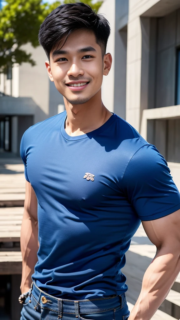 man , Blue t-shirt, jeans, black short hair , outdoor , cute smile , หน้าhandsomeแบบเกาหลีสมจริง , modest muscles , Masterpiece、High resolution、Surreal、detailed face、alone、man、Glowing skin、(Asia)、handsome、tall building background