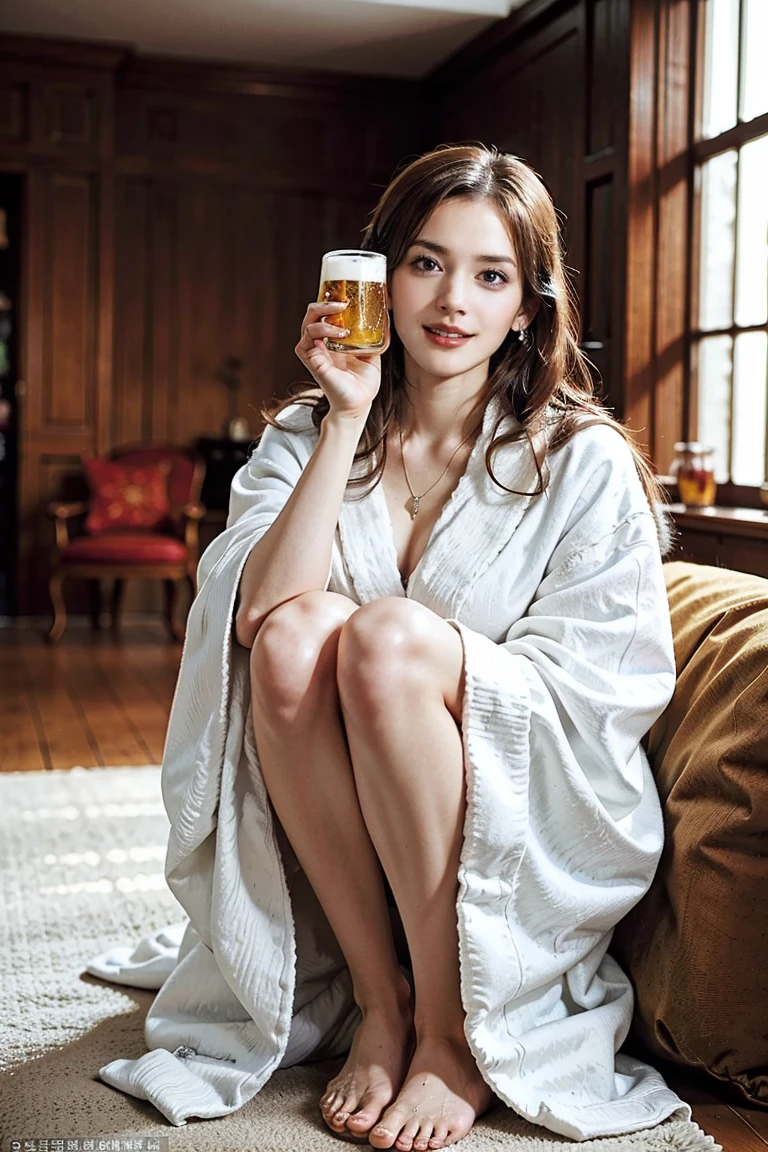(Preserve face images), Cowboy Shot、Golden Ratio、(((drinking a glass of beer)))、Beer bottles on the table、Pale face:1.3、Super thin face:1.3, (very big eyes:1.5)、 (blown eyes:1.5), master piece、8k, {highest quality}, {{masterpiece}}, {very delicate and beautiful}, outstanding light and shadow, highly detailed wallpaper, Night Background, (((Full body))), 1 girl, blush、(薄い茶Farbeの髪), Wet hair after a shower、((a strong light shines on your face)), Farbe々A pose:1.5, necklace、ring、earrings、BREAK (( (Stylish home living room), Wearing an oversized white bathrobe ):1.3) ,(Toothless smile:1,5), 窓の外はNight Background:1.5