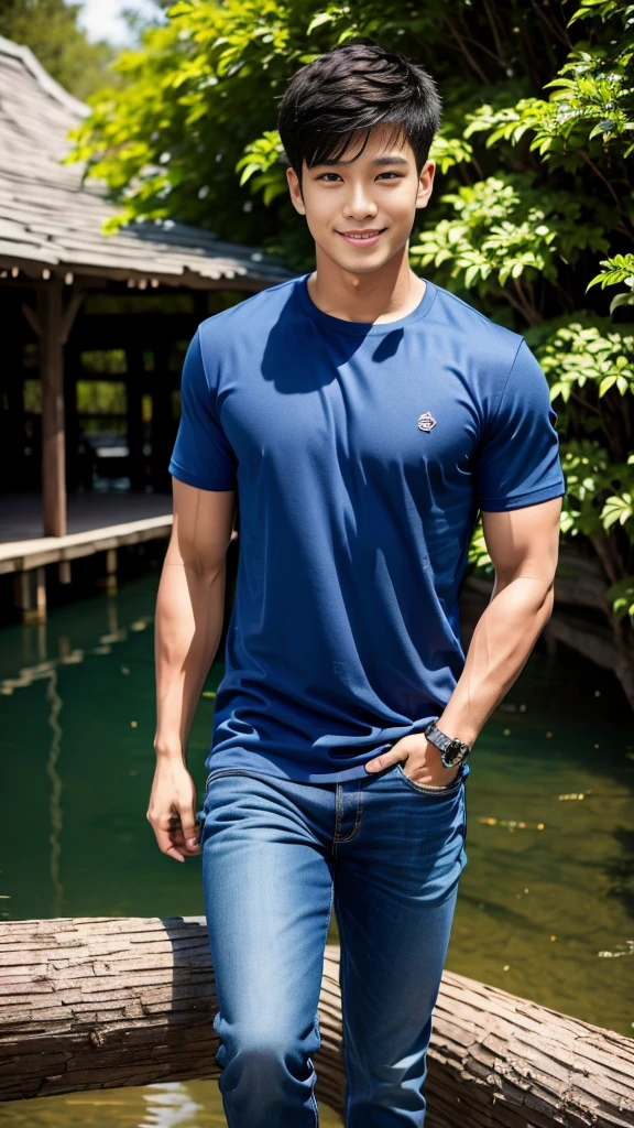 (Create a masterpiece: 1.2),(CGI art:1.3),(realistic:1.5),(After processing:1.3), (Sharp focus:1.3), 1 man, open mouth, smile, (Navy blue round neck shirt), Navy cargo pants, Korean guy , korean men, (High gloss details), chest muscles, large arm muscles, blood vessel, Big muscles, Broad shoulders, looking at the audience, Balancing the eyes, Seaside, beach, sunlight, running towards the camera