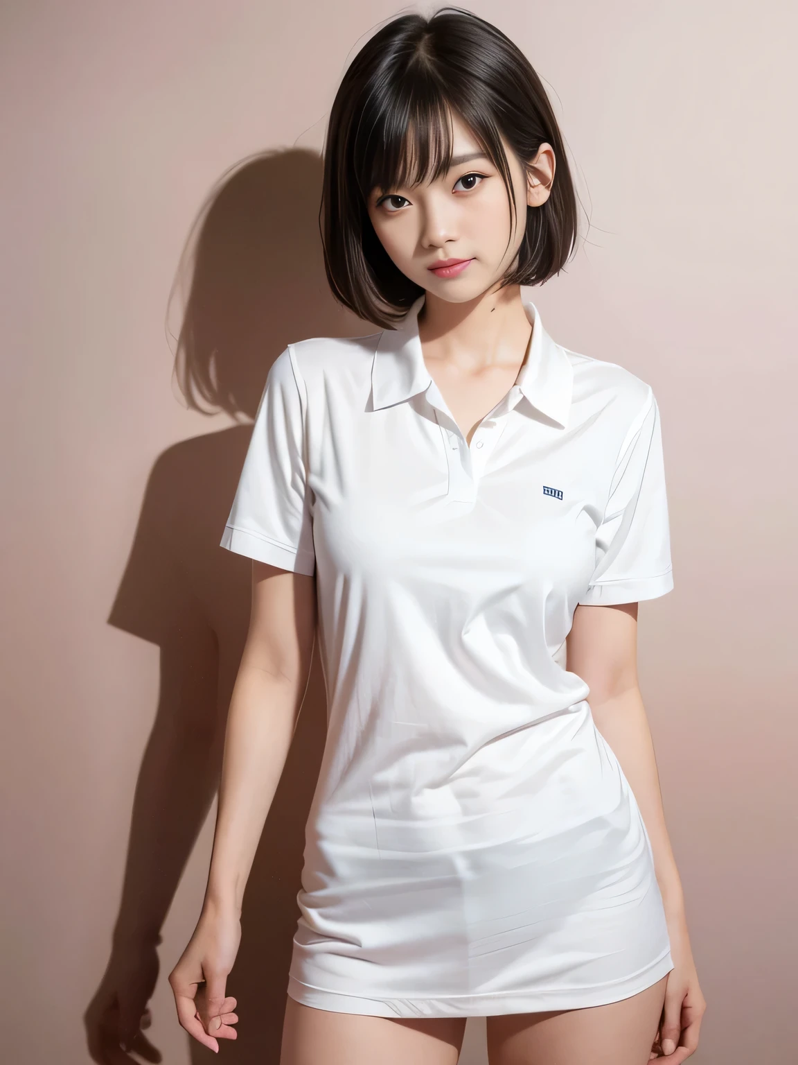 Highest quality、Figures、sexly、Slender、Navy blue open front red polo shirt、sexly非常に詳細、Fine details、Slim Body、Slender、Japanese Girls、High resolution、8k、wallpaper、Perfect dynamic composition、Beautiful fine details、Short Bob Hair、Big natural color lip、大胆なsexlyポーズ、smile、Cold Stare、17-year-old girl、Cute、Lolita、Good eyesight、whole body、Light blue wall、smile、