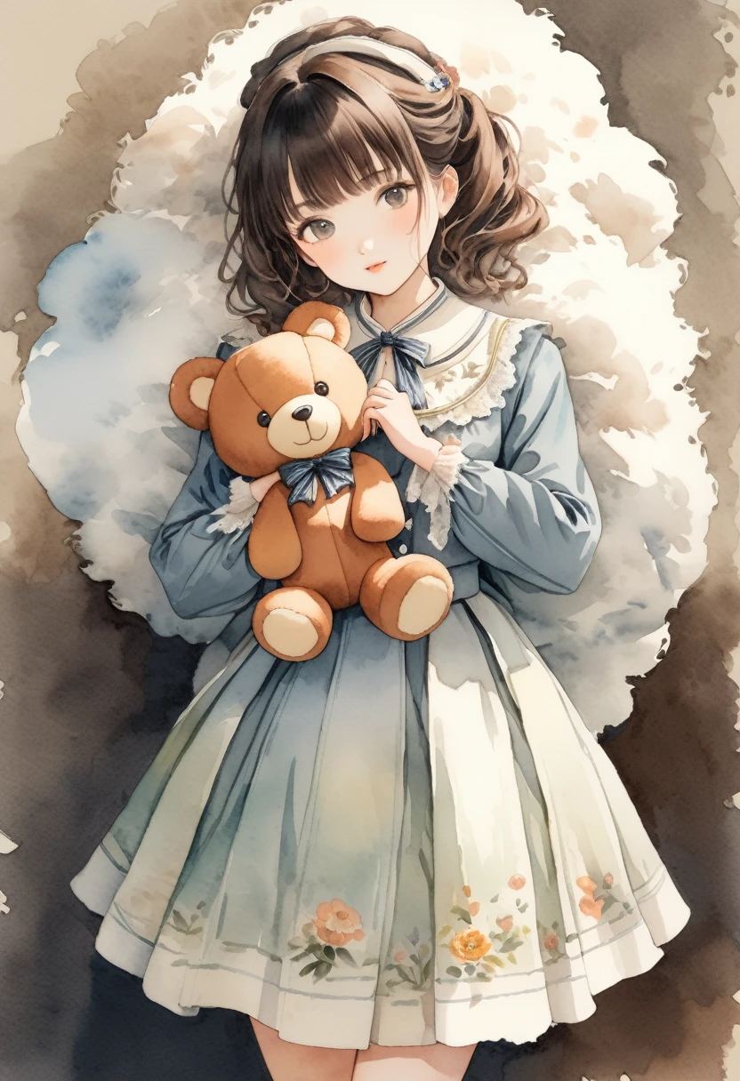 ((antique:1.5)),((With a big fluffy teddy bear:1.5)),Beautiful and cute woman,1 Female,Solo,Sharp features,Sophisticated,((Watercolor:1.5)),whole body,超High resolution,((Attention to detail)),high quality,High resolution,最high quality,(vintage:1.4),(Cute pose:1.3),Dull color,So adorable,model like,Fluffy atmosphere,Accurate human body,((antiqueな服:1.5)),