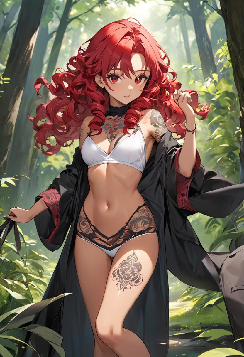 BREAK Perfect Anatomy、(High resolution:1.2)、Incredible illustrations、(Cute illustrations:1.2)、(nsfw) (Beautiful background(forest)) 1 girl(Red hair, long curly hair, red eyes,tattoos, ,tan skin:1.ung adult woman:2.0)Kyungsy Girl(Gothic Cheongsam)(Full body view)