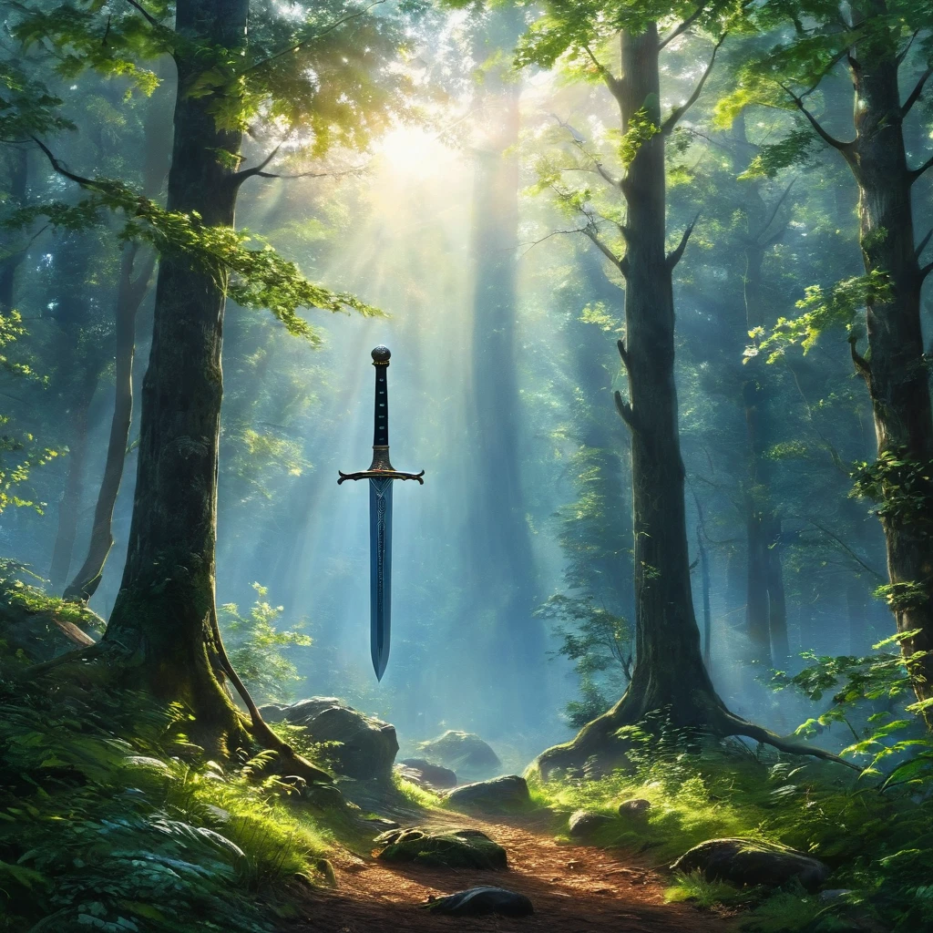 A sword and the middle of a cozy forest with a beautiful sky